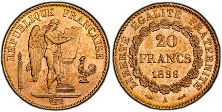 1085890 FRANCE. 1896-A AV 20 Francs. PCGS MS65.  Paris. Standing Genius writing the Constitution, rooster at right, fasces at left / Denomination above date within circular wreath. KM 825; Fr.-592; F.-533; Gad. 1073.

Please use this link to verif...
