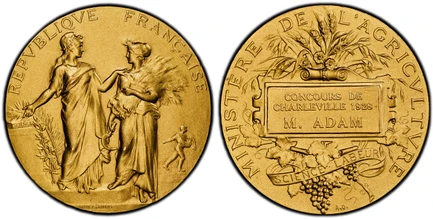 1084982 FRANCE. 1928 AV Medal of 6.5 Ducats Weight. PCGS SP69.  By A. Dubois. 22.73gm. REPUVBLIQVE FRANCAISE. Standing allegorical figures of Science and Agriculture; the figure of a sower in the background/ Signed below / MINISTERE DE L'AGRICVLTV...