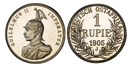1086228 GERMAN EAST AFRICA. Wihelm II. 1905-J AR Rupie. PCGS PR65 Cameo.  Armored bust left / Denomination and date within wreath. KM 10.

Please use this link to verify the PCGS certification number <a href="http://www.pcgs.com/cert/80063811/">80...