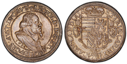 1084925 GERMAN STATES. Alsace. Leopold V. (1620-1633). 1620 AR Thaler. PCGS AU55.  Ensisheim. 28.66gm. LEOPOLD: D: G: ET. ARCHIDVCES. AVST: DVC: BVR. Bust of Leopold, right; date below truncation / STIRIÆ. CARINT. - CARN: LAND: ALS. Crowned arms. ...