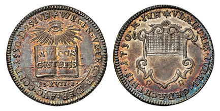 1085170 GERMAN STATES. Augsburg. 1730 (Johann Christian Holeisen, Mintmaster) AR Pattern or Off-Metal Ducat. NGC MS62.  2.54gm. Radiant eye of God above an open book with inscription on two-lines; AV CON/ GVST FESS// PS•XVII•8• / Ornate shield of ...