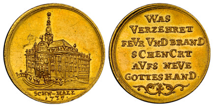 1076822 GERMAN STATES. Baden-Württemberg. Schwabisch Hall. 1735-Dated AV Ducat or Medallic Ducat. NGC MS61.  21.6mm. 3.48gm. SCHW - HALL/ 1735. Building facade; date in exergue / WAS/ VERZEHRET/ FEVR VNDBRAND/ SCHENCKT/ AVFS NEVE/ GOTTESHAND. (con...