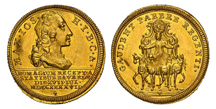 1085074 GERMAN STATES. Bavaria. Maximilian III, Josef. 1747 AV Ducat. NGC MS62.  3.48gm. Head right, inscription below / Figure standing in horse drawn carriage. KM X-MA1; Fr.-244.

Homage of the People.

Please use this link to verify the NGC cer...