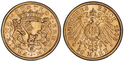 1085495 GERMAN STATES. Bremen. 1906 J AV 20 Mark. PCGS MS66.  Edge: GOTT MIT UNS. FREIE•HANSESTADT•BREMEN. Bremen city coat of arms; J below / DEUTCHES REICH 1906 * 20 MARK *. Eagle. KM 252; Jaeger 205.

Please use this link to verify the PCGS cer...
