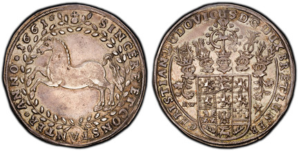 1085972 GERMAN STATES. Brunswick-Luneburg-Celle. Friedrich V
. (Duke, 1636-1648). 1661 LW (Lippold Weber or Wefer, mintmaster) AR Thaler. PCGS AU58.  By Christian Ludwig. Clausthal. 45.7mm. 28.95gm. CHRISTIAN: LUDOVI: CUS D.G. DUX BR: ET LUNEBERG....