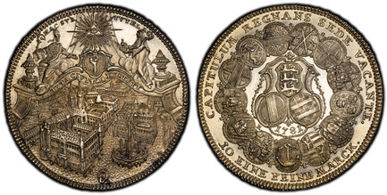 1085081 GERMAN STATES. Eichstatt. 1781 KR/OE AR Thaler. PCGS MS63.  27.96gm. CAPITULUM REGNANS SEDE VACANTE., 10 EINE FEINE MARCK. below. 13 oval arms form circle with 3 shields of arms and date within ornate frame at center / HAC SUB TUTELA. City...