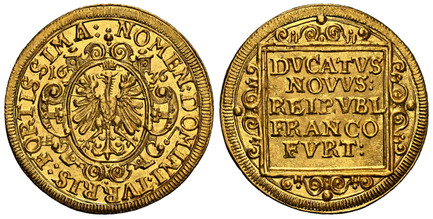 1086098 GERMAN STATES. Frankfurt Am Main. 1636 AE (a) AV Ducat. NGC MS66.  3.47gm. Eagle in oval shield / Inscription within square. KM 85; Fr.-972.

Please use this link to verify the NGC certification number <a href="https://www.ngccoin.com/cert...