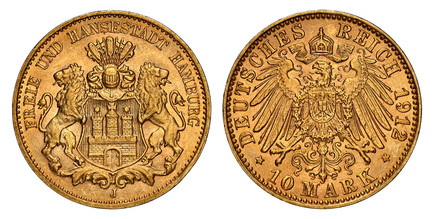 1085090 GERMAN STATES. Hamburg. 1912-J AV 10 Mark. NGC MS62.  Hamburg. FREIE UND HANSESTADT HAMBURG. Helmeted arms with lion supporters / DEUTSCHES REICH. Crowned imperial eagle, type II. KM 608; Jaeger 211; Fr.-3781.

Please use this link to veri...