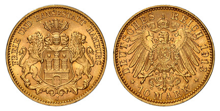 1085091 GERMAN STATES. Hamburg. 1913-J AV 10 Mark. NGC MS66.  Hamburg. FREIE UND HANSESTADT HAMBURG. Helmeted arms with lion supporters / DEUTSCHES REICH. Crowned imperial eagle, type II. KM 608; Jaeger 211; Fr.-3781.

Please use this link to veri...