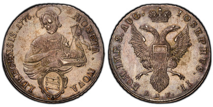 1085981 GERMAN STATES. Lubeck. 1776 H•D•F• (Hermann Daniel Friederichs) AR Thaler. PCGS MS61.  42.8mm. MONETA. NOVA - LUBECENSIS. Half-length facing figure of St. John with lamb, shield of mayor's arms in baroque frame below in front, date at end ...