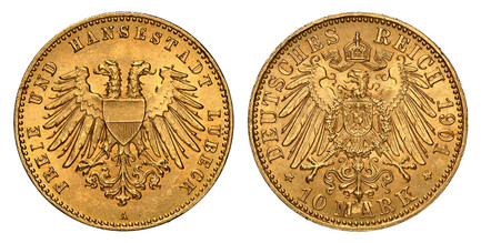 1085092 GERMAN STATES. Lubeck. 1901-A AV 10 Mark. NGC MS66 Mint Error.  Berlin. Edge: ~ * ~. Double imperial eagle with divided shield on breast / Crowned imperial eagle, shield on breast. KM 211; Jaeger 227.

Reverse struck thru.

Please use this...
