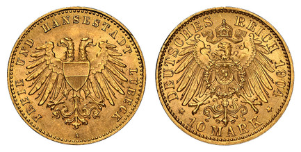 1085093 GERMAN STATES. Lubeck. 1904-A AV 10 Mark. NGC MS66.  Berlin. Double imperial eagle with divided shield on breast / Crowned imperial eagle, shield on breast. KM 211; Jaeger 227.

Please use this link to verify the NGC certification number <...