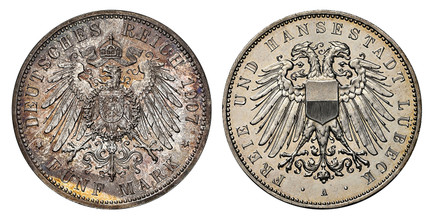 1086321 GERMAN STATES. Lubeck. 1907-A AR 5 Mark. NGC PF65.  Berlin. Double imperial eagle with divided shield on breast / Crowned imperial eagle, shield on breast. KM 213. Proof; Jaeger 83.

Please use this link to verify the NGC certification num...
