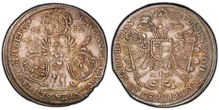 1085970 GERMAN STATES. Nürnberg. 1635 (b) AR Thaler. PCGS AU55.  41.6mm. 29.15gm. •MONETA•NOUA•ARGENTEA• REIPUB:NORIMBERG•+• . Cherub surrounded by three shields with date above / FERDINANDI•II•D:G:ROM:IMP:SE:AU:GE: HU:BO:REX*. Crowned double-head...