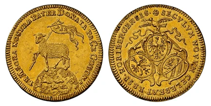1085507 GERMAN STATES. Nürnberg. MDCC (1700) AV Ducat. NGC AU58.  + SECVLVM NOVVM CELEBRAT RESP. NORIMBERGENS . Three shields of arms / TEMPORA NOSTRA PATER DONATA PACE CORONA. Paschal lamb, date in legend. Kellner 71; Fr.-1885.

Please use this l...