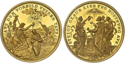 1086634 GERMAN STATES. Nürnberg. c.1720 (ND) V AV Medallic 3 Ducats. NGC MS62 PL (Prooflike).  By G. W. Vestner. 31.90mm. 10.36gm. AVS DEM VORBILD VNSERER TAVF. Baptism of Jesus in the river Jordan / STEIGT GLAUB LIEB VND HOFFNVNG AVF. Christening...