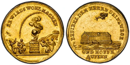 1084969 GERMAN STATES. Nürnberg. (c.1736) ND AV Medallic Ducat. PCGS MS61.  3.50gm. BEFIEHL DEM HERRN DEINE WEGE// UND HOFFE AUFIHN. Noah's Ark, dove with olive branch to right flying left, legend around with two-line inscription in exergue / ER W...