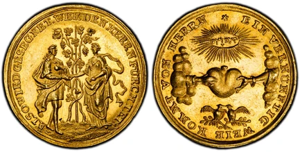 1085076 GERMAN STATES. Nürnberg. (c.1750) ND AV Medallic Marraige Ducat. PCGS MS62.  By G. F. Loos. 22.40mm. 3.53gm. Two hands from clouds hold a heart together, above the shining name of Jehovah, above it the signature star, below two beaked dove...