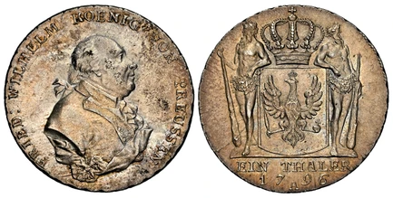 1085983 GERMAN STATES. Prussia. Friedrich Wilhelm II. 1796 AR Thaler. NGC AU58.  36.3mm. 22.08gm. FRIED: WILHELM KOENIG VON PREUSSEN. Bust right / EIN THALER. Crowned eagle arms with supporters, value and date below. KM 360.1; Dav.-2599.

Please u...
