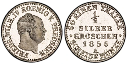 1086169 GERMAN STATES. Prussia. Friedrich Wilhelm IV. 1856 AR 1/2 Silber Groschen. PCGS PR67DCAM (Deep Cameo).  1.52mm. 1.11gm. FRIEDR. WILH. IV KOENIG V. PREUSSEN. Older head / 60 EINEN THALER above SCHEIDE MUNZE below,. 1/2 / SILBER / GROSCHEN /...