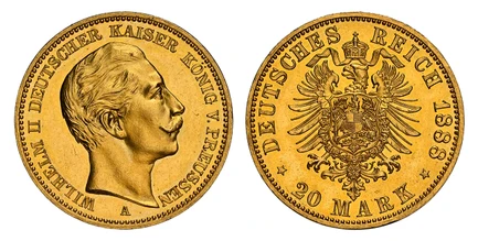 1085095 GERMAN STATES. Prussia. Wilhelm II. (Kaiser, 1888-1918). 1888-A AV 20 Mark. NGC PR63.  Berlin. WILHELM II DEUTSCHES KAISER KONIG V. PREUSSEN. Head right / DEUTSCHES REICH date, 20 MARK below. Crowned imperial eagle. KM 516. Proof; Jaeger 2...