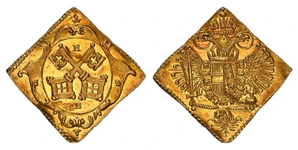 1085392 GERMAN STATES. Regensburg. (1773) ND B (Georg Christoph Busch. , mintmaster) AV Klippe 1/2 Ducat. NGC MS63.  1.73gm. Crossed keys / Crowned double headed imperial eagle clutching sword and globus cruciger. Fr.-2540; Beckenbauer 510.

Pleas...