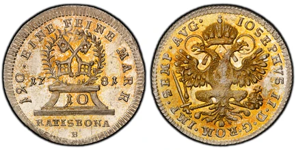 1085178 GERMAN STATES. Regensburg. Joseph II. (King, 1765-1790). 1781 B AR 10 Kreuzer, 1/6 Guldenthaler. PCGS MS65.  By Georg Christoph Busch. 3.88gm. City arms within branches atop pedestal with value / Crowned imperial double-headed eagle. KM 44...