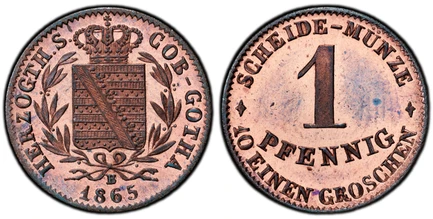 1086170 GERMAN STATES. Saxe-Coburg-Gotha. Ernst II. 1865 B CU Pfennig. PCGS PR66RB (Red-Brown).  Vienna. 17mm. 1.48gm. HERZOGTH. S. - COB.-GOTHA. B below arms and above date / SCHEIDE MÜNZE - 10 EINEN GROSCHEN. Denomination. KM 136; Jaeger 290; AK...