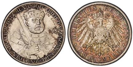 1085183 GERMAN STATES. Saxe-Weimar-Eisenach. Wilhelm Ernst. 1908-(A) AR 2 Mark. PCGS MS66.  Berlin. Edge: Reeded. 11.11gm. Johan Friedrich I the Magnanimous 3/4 right / Crowned imperial eagle with shield on breast. KM 219; Jaeger 160.

350th Anniv...