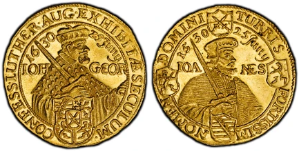 1084970 GERMAN STATES. Saxony-Albertine. Johann Georg I. 1630-SA AV Ducat. PCGS MS64.  Dresden. 3.47gm. Bust of Johann Georg I right / Bust of Johann right. KM 420; Fr.-2702; Cl/Kahnt 315; cf. Merseberger 1059; cf. Whiting 113.

Centennial of the ...