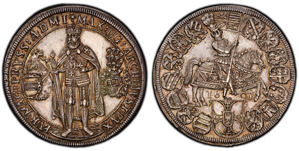 1085971 GERMAN STATES. Teutonic Order. Maximilian. 1603 AR Thaler, 32 Groschen. PCGS AU58.  Hall. 41mm. 28.42gm. Master standing on ground, arms at left, helmet at right / Emperor on horseback in circle of shields, date below. KM 3; Dav.-5848; Mos...