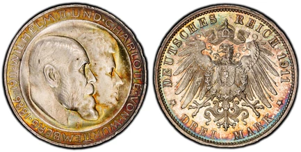 1085089 GERMAN STATES. Württemberg. Wilhelm II. (Kaiser, 1888-1918). 1911-F AR 3 Mark. PCGS MS67.  Stuttgart. Edge: GOTT MIT UNS. Conjoined heads right, normal bar in "H" of "CHARLOTTE" / Crowned imperial eagle with shield on breast. KM 636; Jaege...