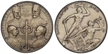 1085792 GERMANY - EMPIRE. Wilhelm II. 1916 AR Medal. PCGS SP65 Matte.  By F. König. Edge: SILBER 990. 33mm. 18.59gm. VEREINT/ IM/ KAMPFE/ FUR DIE/ SACHE DER/ MENSCHUCH/ KEIT!// WEIT-KREIG/ 1914-1916. Four portraits around a sword and laurel / DURC...
