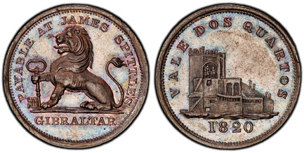 1085796 GIBRALTAR. 1820 CU 2 Quartos. PCGS MS63BN (Brown).  8.11gm. Lion seated left, holding key / Castle. KM Tn9; Pridmore 25.

Token Coinage.

Please use this link to verify the PCGS certification number <a href="http://www.pcgs.com/cert/618847...
