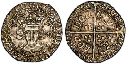 1086715 GREAT BRITAIN. England. Richard III. (King, 1483-1485). (1483-85)-(Halved Sun and Rose 1) AR Groat. PCGS AU55.  London mint. 2.77gm. Crowned facing portrait / Long cross with three-pellets in each angle, legends around in two circles. SCBC...