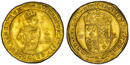 1086712 GREAT BRITAIN. England. Edward VI. (King, 1537-1553). (1551-53)-(Tun) AV Half-Sovereign. PCGS AU58.  5.58gm. Half-length crowned and armored bust, right; holding orb and sword / Crowned shield of arms divides E – R toeither side. SCBC-2451...