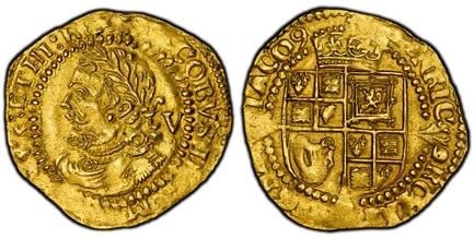 1086713 GREAT BRITAIN. England. James I. (King, 1603-25). (1623-24) ND-(Trefoil) AV Quarter Laurel. PCGS MS62.  2.26gm. Fourth laureate bust with tie-ends braketted around value, V; all within beaded inner circle / ...IACO (9). Crowned shield of a...