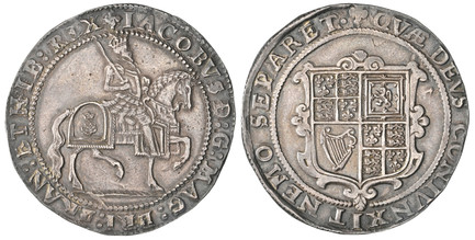 1086809 GREAT BRITAIN. England. James I. (King, 1603-25). (1624) ND-(Trefoil) AR Crown. NGC AU55.  Tower mint. 30.17gm. King mounted on horseback to right; grass on ground line, colon stops / QVAE DEVS. No plumes above shield, no stops. KM 63; SCB...