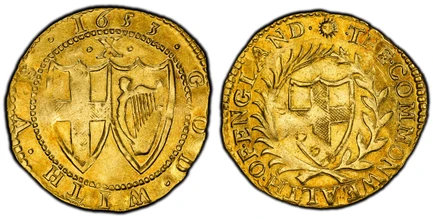 1086450 GREAT BRITAIN. England. Commonwealth. (1649-1660). 1653-(Sun) AV Double Crown. PCGS AU50.  4.54gm. St. George's shield within wreath composed of laurel branch and palm frond / Two shield bearing St. George's cross (England) and harp (Irela...