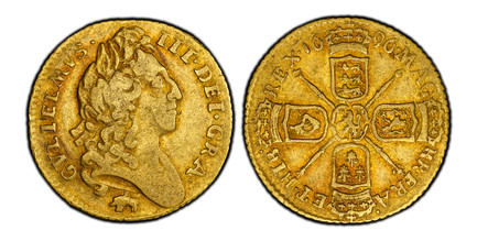 1086335 GREAT BRITAIN. England. William III. (King, 1694-1702). 1696 Elephant & Castle AV Half-Guinea. PCGS VF30.  Elephant and castle below laureate bust, right / Crowned cruciform arms with scepters in angles. KM 487.2; SCBC-3467; Schneider 516....