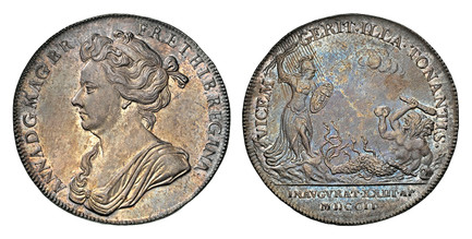 1085355 GREAT BRITAIN. England. Anne. (Queen, 1702-1714). 1702 AR Coronation Medal. NGC AU58.  By J. Croker. 35mm. ANNA · D · G · MAG · BR FR · ET · HIB · REGINA ·. Diademed and draped bust left / VICEM GERIT · ILLA · TONANTIS ·. Anne (as Pallas-A...