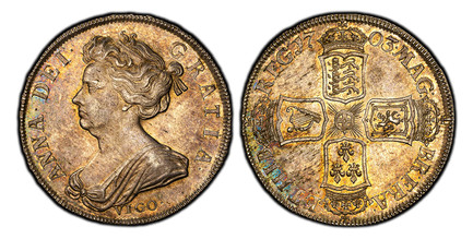 1086567 GREAT BRITAIN. England. Anne. (Queen, 1702-1714). 1703 AR Halfcrown. PCGS MS62.  ANNA · DEI · - GRATIA ·. VIGO below bust / MAG - BR · FRA - ET · HIB - REG ·. Crowned shields in cruciform. KM 518.2; SCBC-3580; ESC-569.

Struck from silver ...