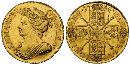 1086818 GREAT BRITAIN. Anne. (Queen, 1702-1714). 1714 AV Guinea. NGC MS62.  ANNA · DEI · - GRATIA ·. Third bust left / MAG - BRI · FR - ET · HIB - REG ·. Crowned shields in cruciform, sceptres at angles. KM 534; SCBC-3574.

Please use this link to...