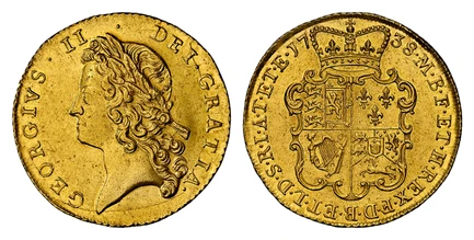 1086102 GREAT BRITAIN. George II. (King, 1727-1760). 1738 AV Two Guineas. NGC AU58.  GEORGIVS · II · - DEI · GRATIA ·. Young laureate head left / F · D · B · ET · L · D · S · R · I · A · T · ET · E · - M · B · F · ET · H · REX ·. Crowned 4-fold ar...