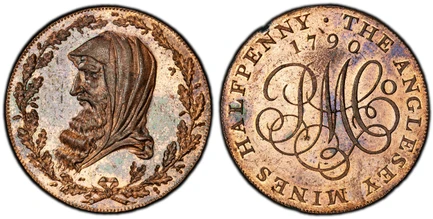 1083986 GREAT BRITAIN. Wales, Angelesey. 1790 CU Halfpenny Token or Pattern Halfpenny Token. PCGS MS64RB (Red-Brown).  By R. Dumarest for M. Boulton. Edge: PAYABLE IN ANGELESEY OR LONDON. Druid's head left within oak wreath and border of acorns / ...