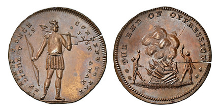 1086455 GREAT BRITAIN. Middlesex. 18th. Century (ND) CU Halfpenny Token. NGC MS65BN (Brown).  Edge: SPENCE DEALER IN COINS. THE END OF OPPRESSION. Two men standing before a bonfire and cheering as a pile of land titles and deeds are burned / RENTS...