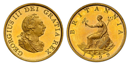 1086253 GREAT BRITAIN. George III. (King, 1760-1820). 1799-SOHO Gilt Copper Pattern Halfpenny. NGC PF64+ UCAM (Ultra Cameo).  Birmingham mint. Laureate draped bust right / Britannia seated left, date below. KM 647a; SCBC-3778; Peck 1233.

Please u...