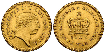 1086853 GREAT BRITAIN. George III. (King, 1760-1820). 1804 AV Third-Guinea. NGC MS63.  GEORGIVS III DEI GRATIA. Laureate head right / BRITANNIARUM REX FIDEI DEFENSOR *. Crown above date. KM 650; SCBC-3740; Friedberg 367.

Please use this link to v...
