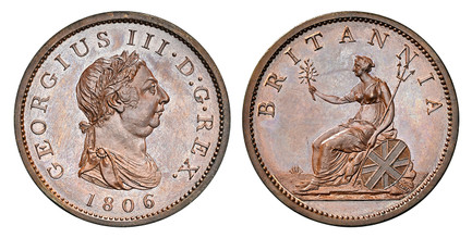 1086338 GREAT BRITAIN. George III. (King, 1760-1820). 1806-SOHO Bronzed CU Penny. NGC PR65BN (Brown).  Birmingham mint. Edge: Grained. Draped laureate bust, right; K and dot on trucation / Britannia seated, left; holding trident and olive branch. ...