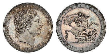1086609 GREAT BRITAIN. George III. (King, 1760-1820). 1818 LIX AR Crown. NGC MS62.  GEORGIUS III D: G: BRITANNIARUM REX F: D:. Laureate head right / HONI SOIT QUI MAL .Y PENSE. St. George slaying dragon right. KM 675; SCBC-3787; ESC-2009 (Prev. ES...